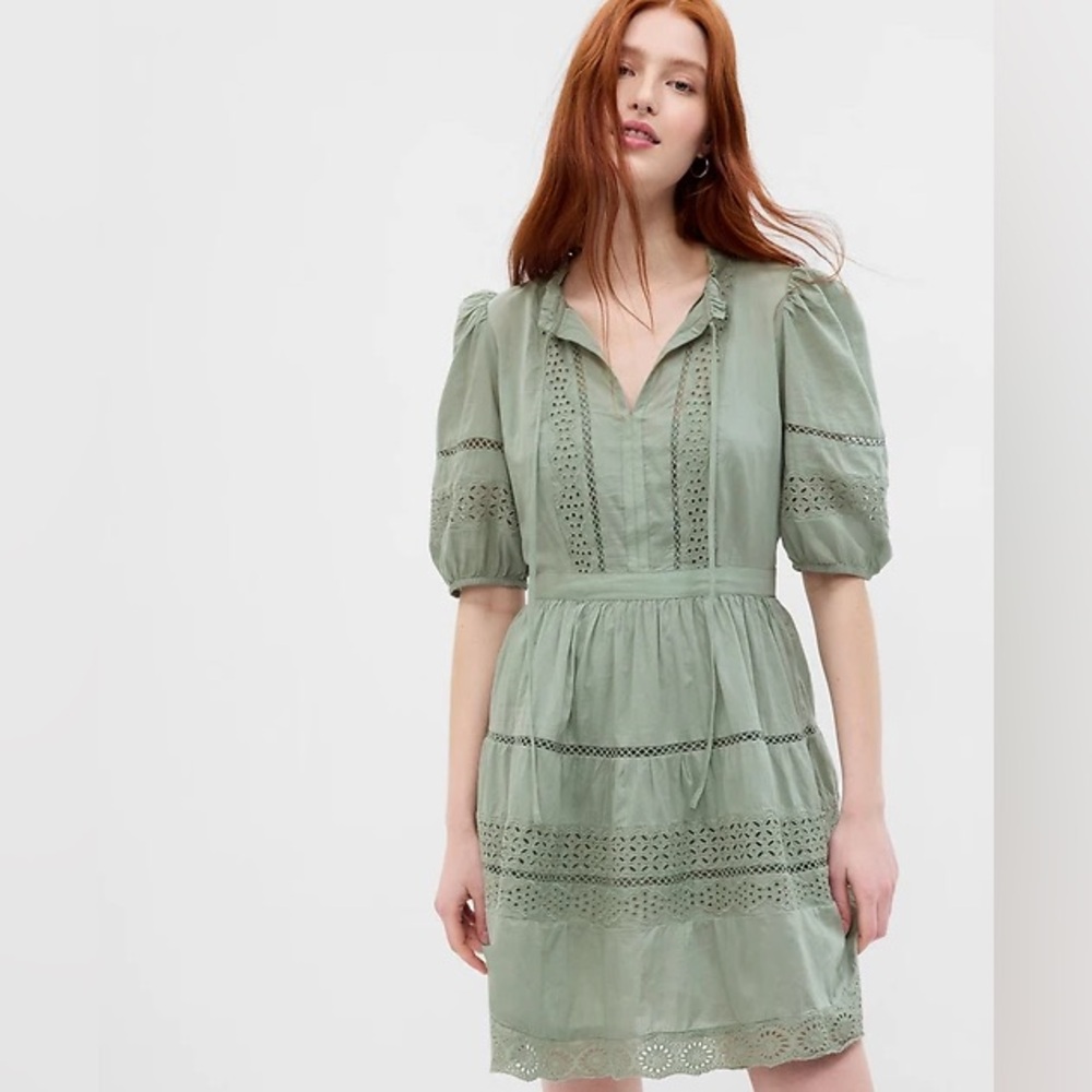 Gap women’s sage puff sleeve lace mini dress green eyelet slip XL